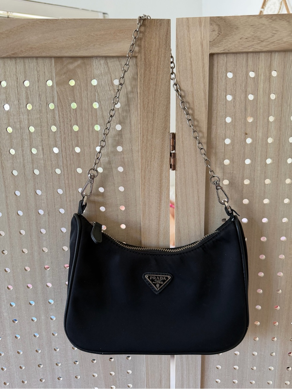 Prada Black Nylon Shoulder Bag with Silver Chain Strap